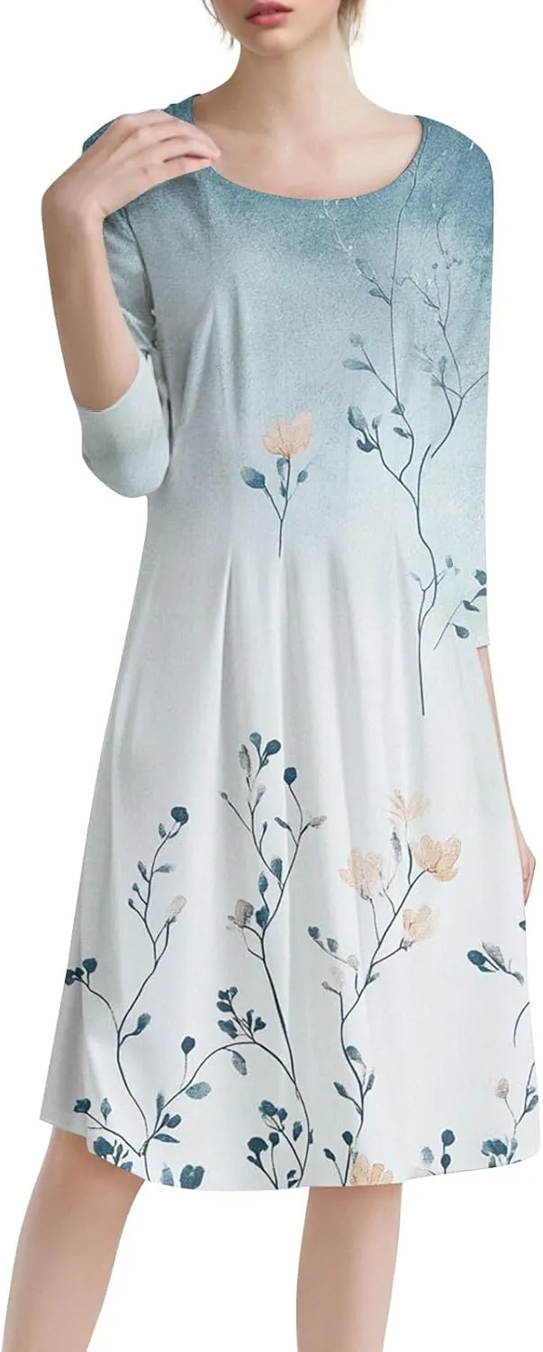 3/4 Sleeve Ladies Fashion Summer Dress Floral Print Round Neck Casual Beach Sundress Midi Dresses with Pockets