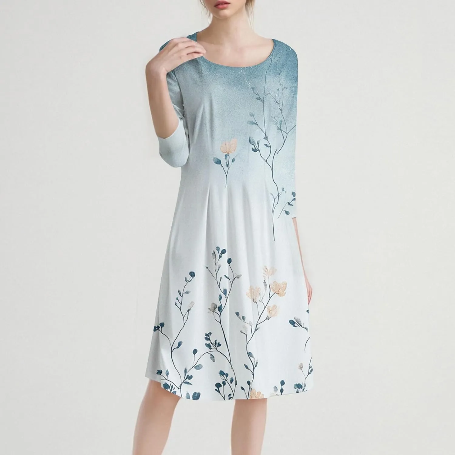 3/4 Sleeve Ladies Fashion Summer Dress Floral Print Round Neck Casual Beach Sundress Midi Dresses with Pockets