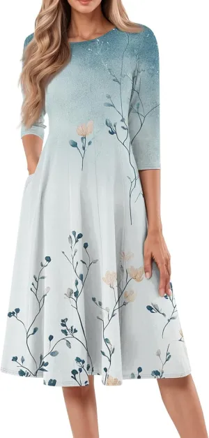 3/4 Sleeve Ladies Fashion Summer Dress Floral Print Round Neck Casual Beach Sundress Midi Dresses with Pockets