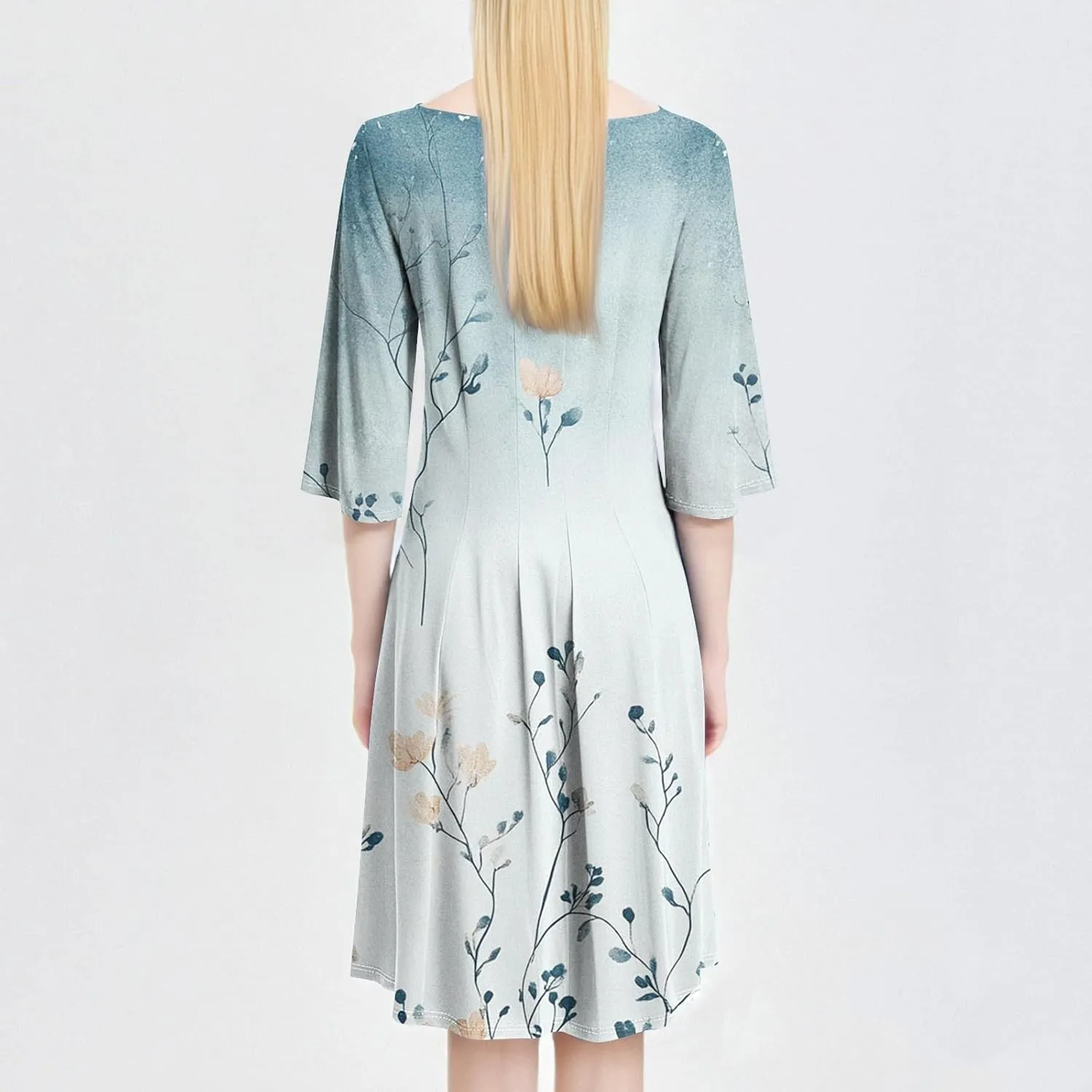 3/4 Sleeve Ladies Fashion Summer Dress Floral Print Round Neck Casual Beach Sundress Midi Dresses with Pockets