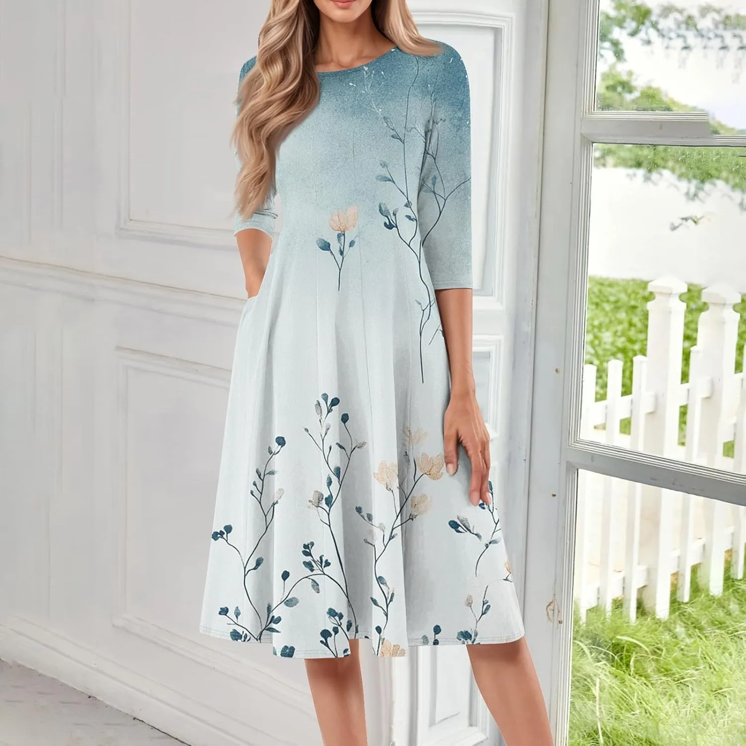 3/4 Sleeve Ladies Fashion Summer Dress Floral Print Round Neck Casual Beach Sundress Midi Dresses with Pockets