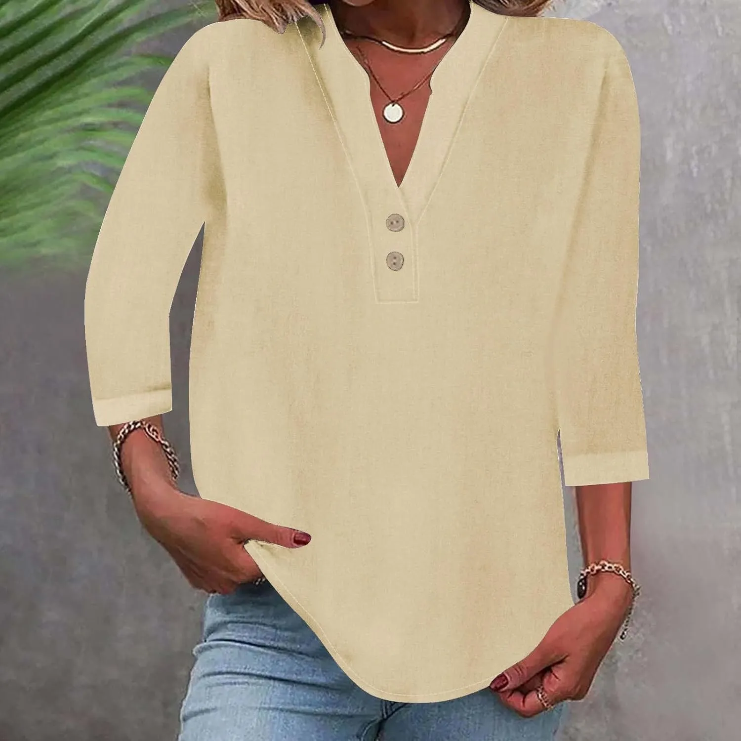 3/4 Sleeve Linen Tops for Women 2024 Loose Fit V Neck Button Down Henley Shirts Cute Solid Summer Beach Tee Shirts