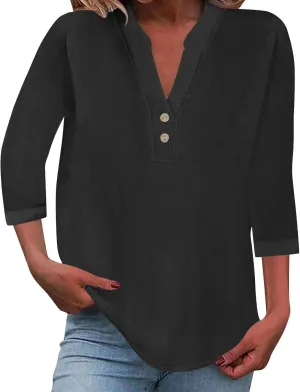 3/4 Sleeve Linen Tops for Women 2024 Loose Fit V Neck Button Down Henley Shirts Cute Solid Summer Beach Tee Shirts