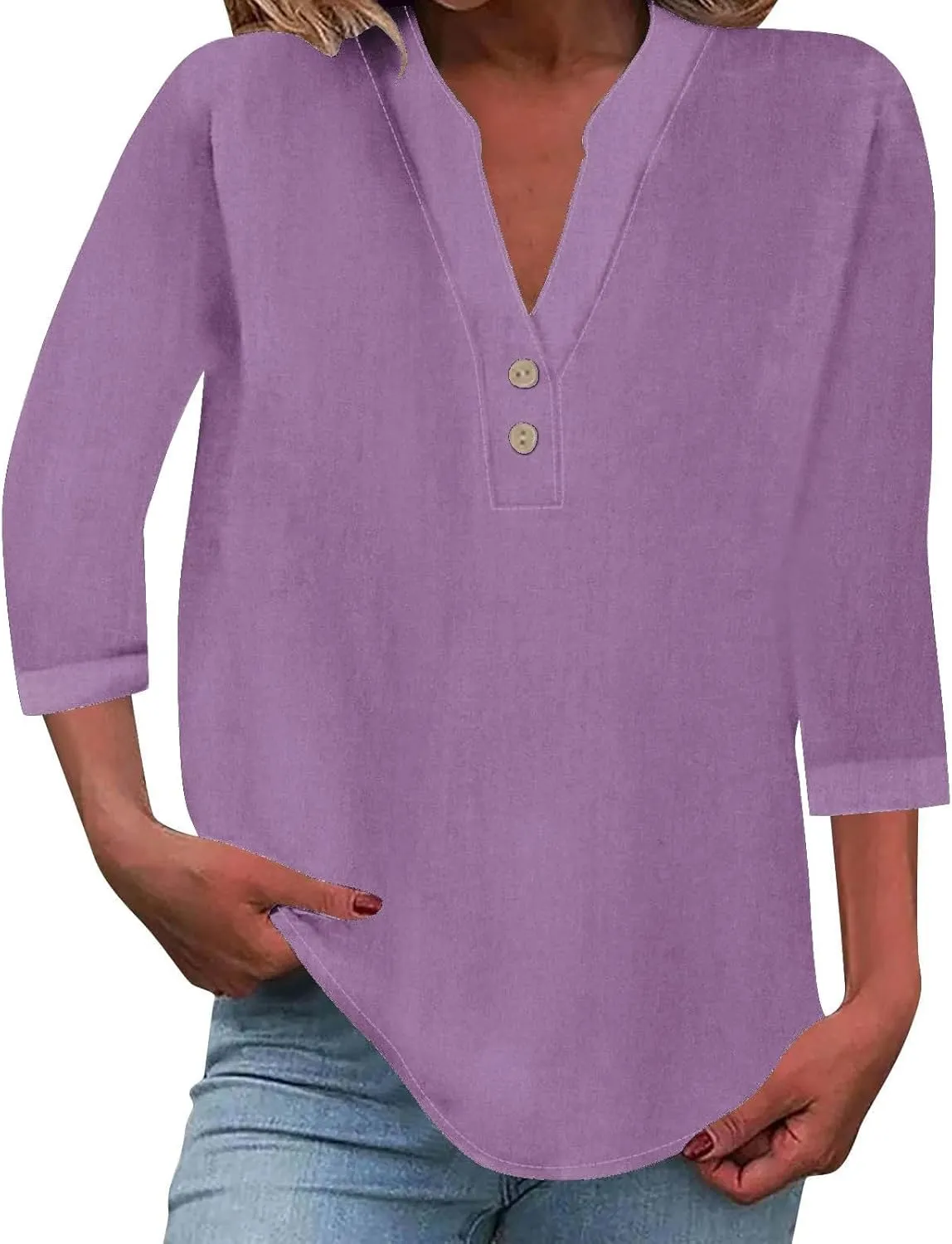 3/4 Sleeve Linen Tops for Women 2024 Loose Fit V Neck Button Down Henley Shirts Cute Solid Summer Beach Tee Shirts