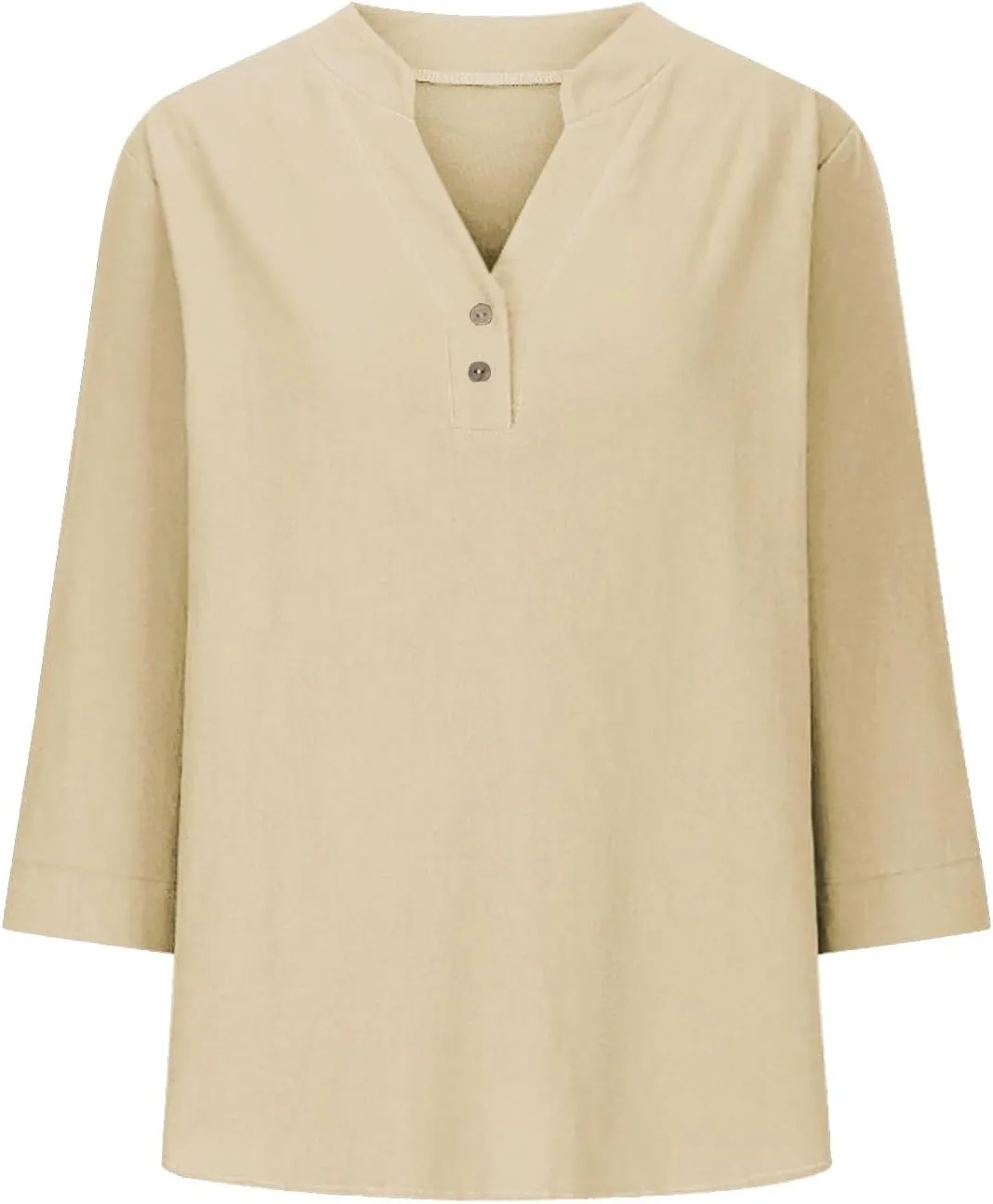 3/4 Sleeve Linen Tops for Women 2024 Loose Fit V Neck Button Down Henley Shirts Cute Solid Summer Beach Tee Shirts