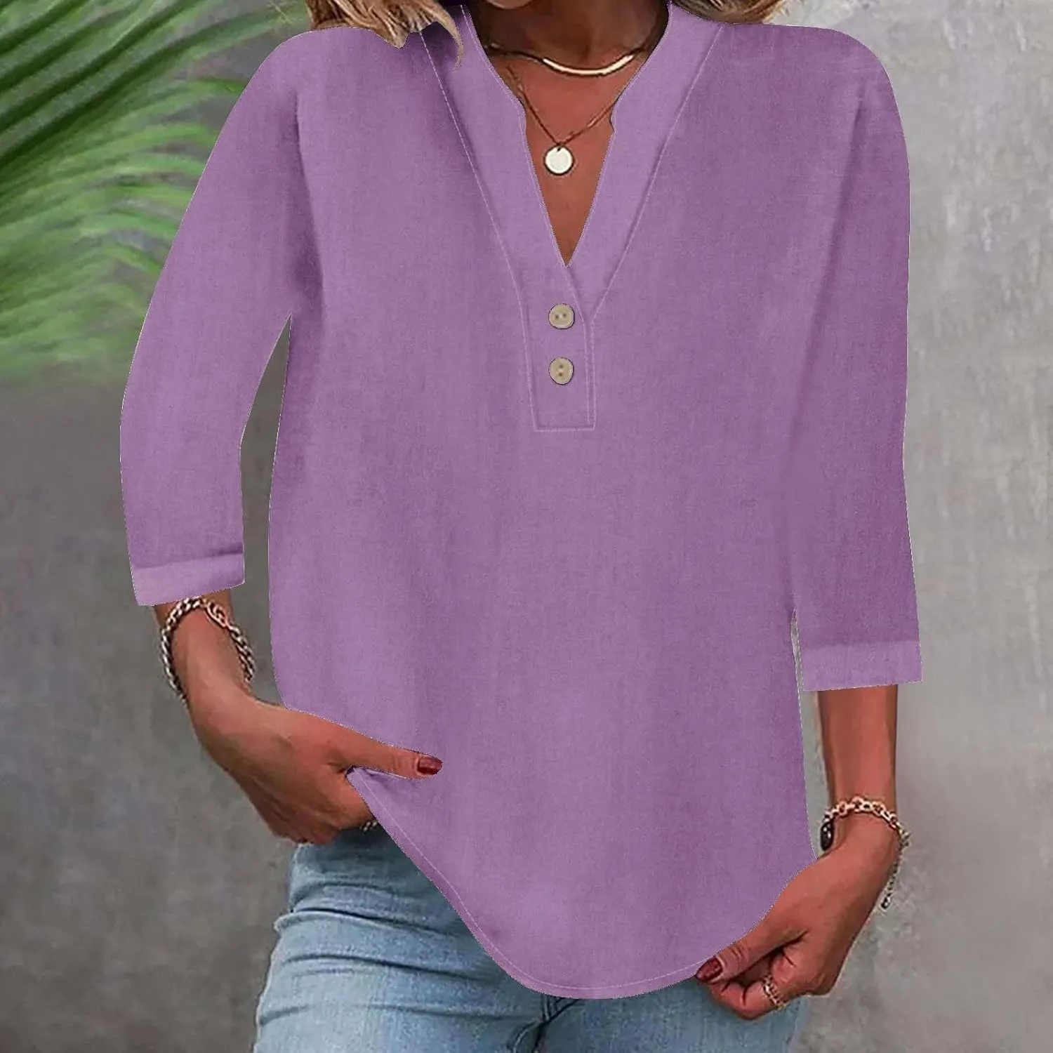 3/4 Sleeve Linen Tops for Women 2024 Loose Fit V Neck Button Down Henley Shirts Cute Solid Summer Beach Tee Shirts