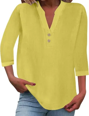 3/4 Sleeve Linen Tops for Women 2024 Loose Fit V Neck Button Down Henley Shirts Cute Solid Summer Beach Tee Shirts