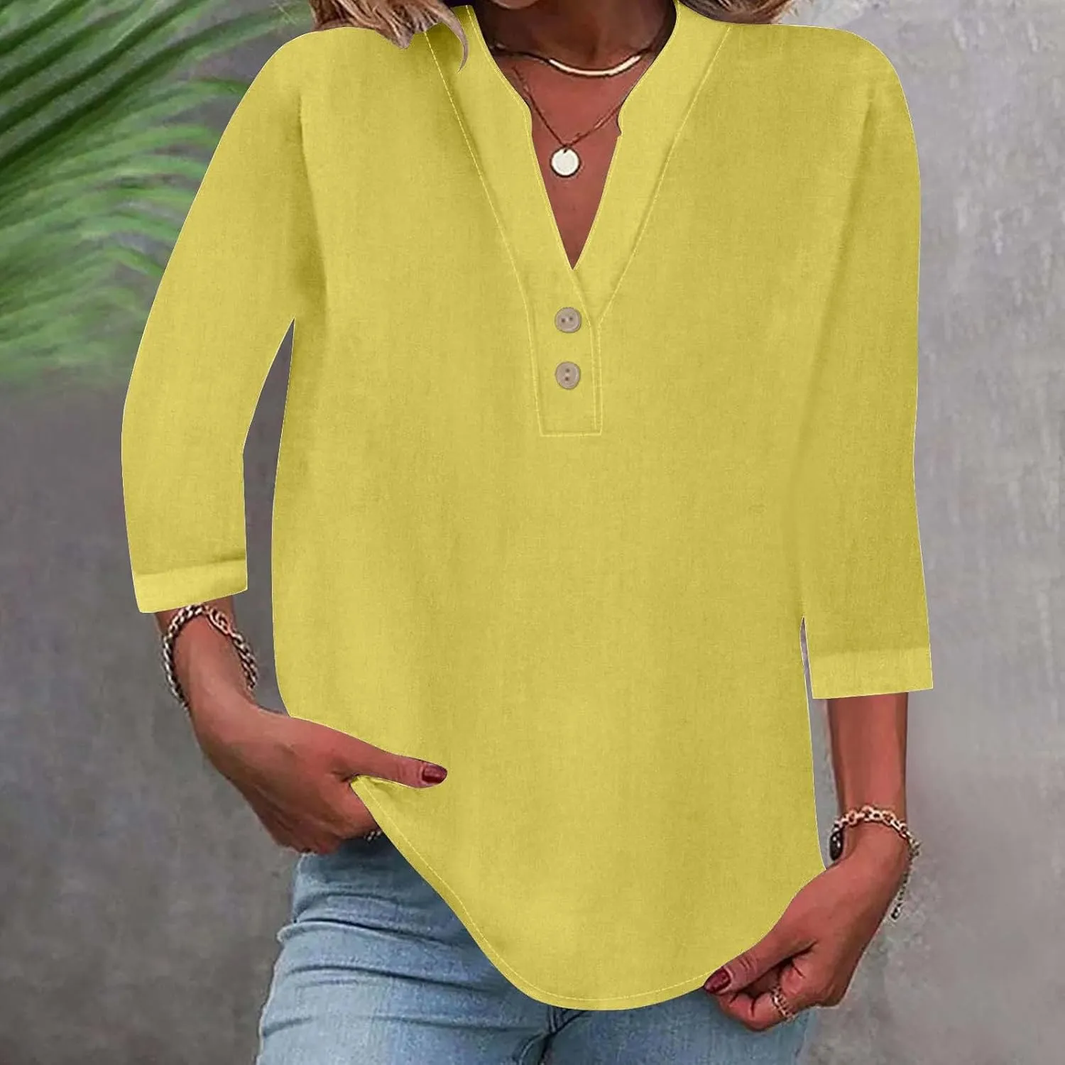 3/4 Sleeve Linen Tops for Women 2024 Loose Fit V Neck Button Down Henley Shirts Cute Solid Summer Beach Tee Shirts