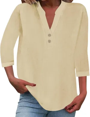 3/4 Sleeve Linen Tops for Women 2024 Loose Fit V Neck Button Down Henley Shirts Cute Solid Summer Beach Tee Shirts