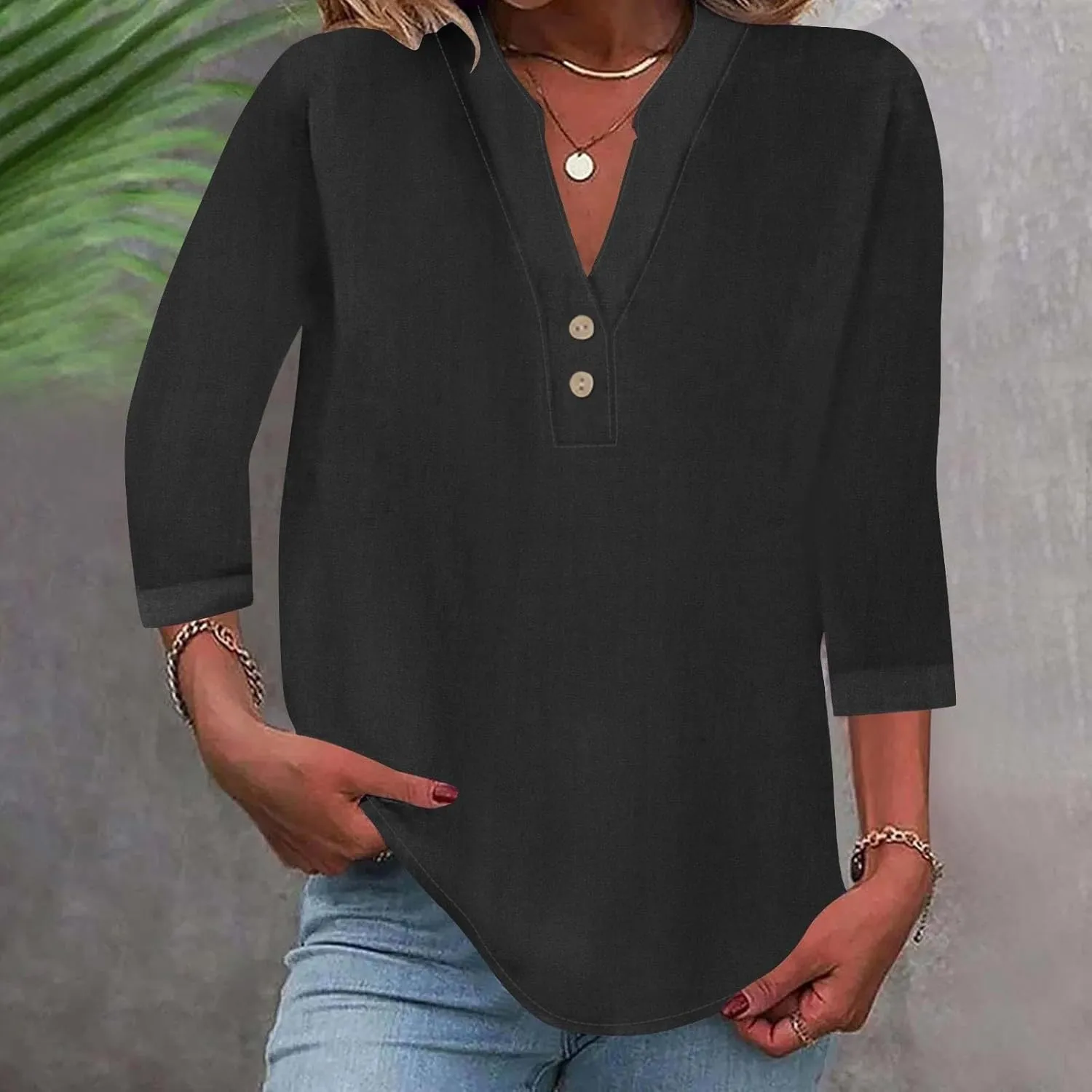 3/4 Sleeve Linen Tops for Women 2025 Button Down V Neck Loose Fit Henley Shirts Cute Solid Summer Beach Tees Shirt