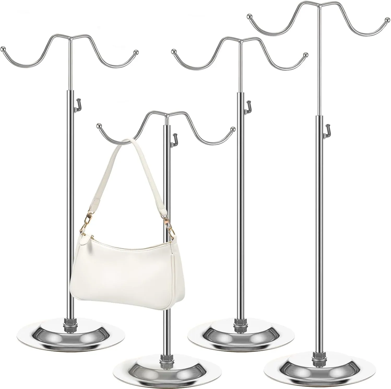 4 PCS Handbag Display Stands Adjustable Purse Display Stand Stainless Steel Double Hook Bag Display Stand Holder for Home Boutiques Store Counter Retail, Silver