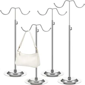 4 PCS Handbag Display Stands Adjustable Purse Display Stand Stainless Steel Double Hook Bag Display Stand Holder for Home Boutiques Store Counter Retail, Silver