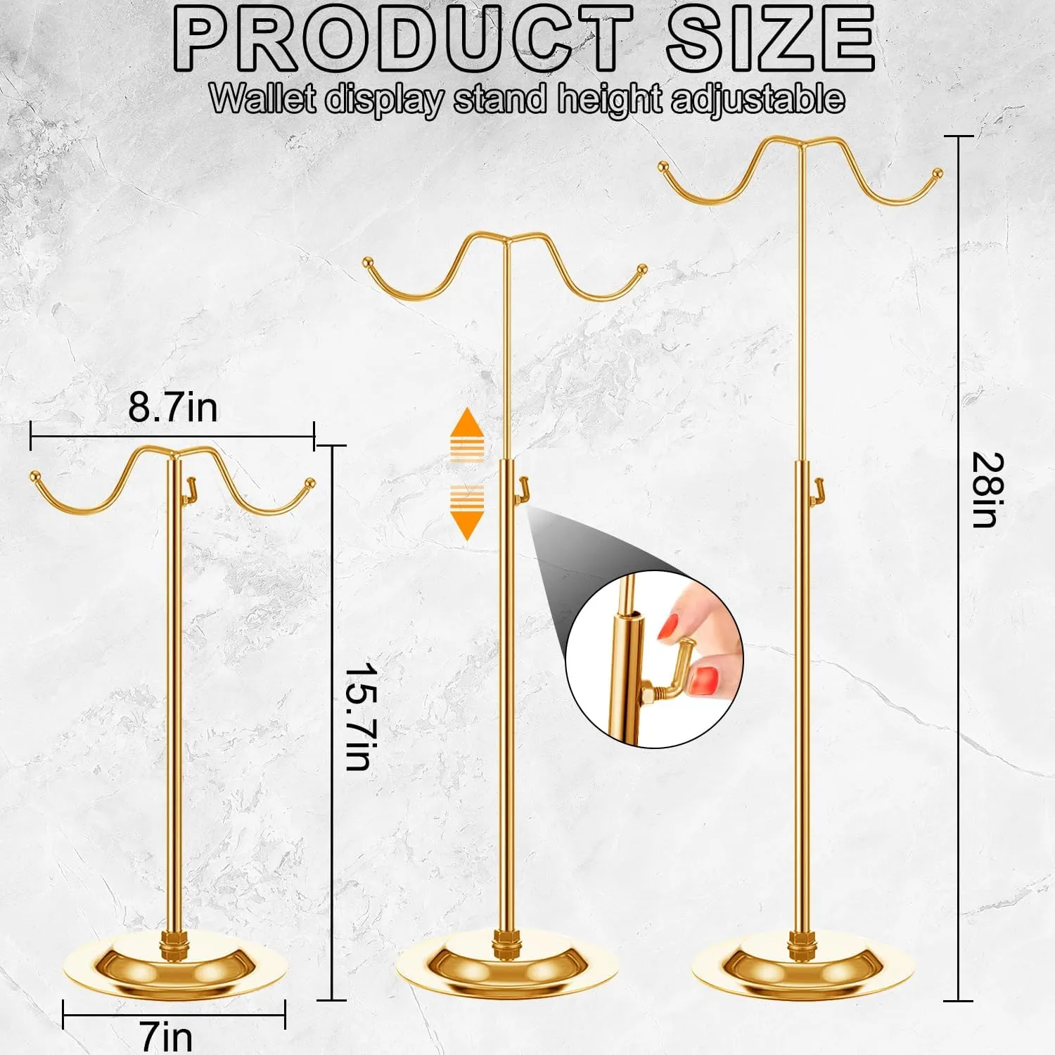 4 Pcs Purse Display Stand Adjustable Height Handbag Display Stand Metal Handbag Stand Holder Double Hook Purse Holder Stand for Home Store Boutique Counter, Gold
