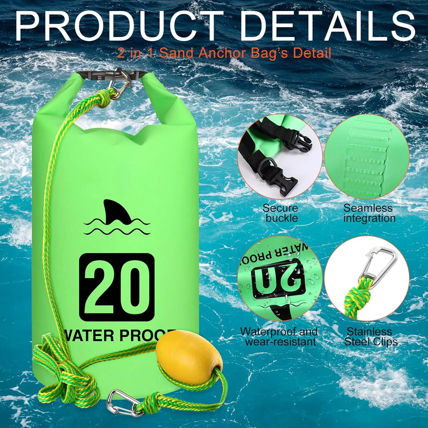 4 Set 2 in 1 Sand Anchor and Buoy Kit Floating Bag Kayak Anchor Waterproof Dry Bag for Lake Beach Boats Watercrafts Hiking Camping Water Sports Surfing Tubing Kayaking(Green)