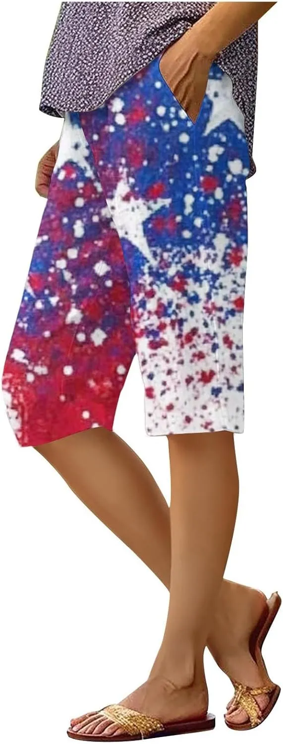 4th of July Bermuda Linen Shorts for Women Wide Leg Knee Length Long Shorts Summer Loose American Flag Printed Pants