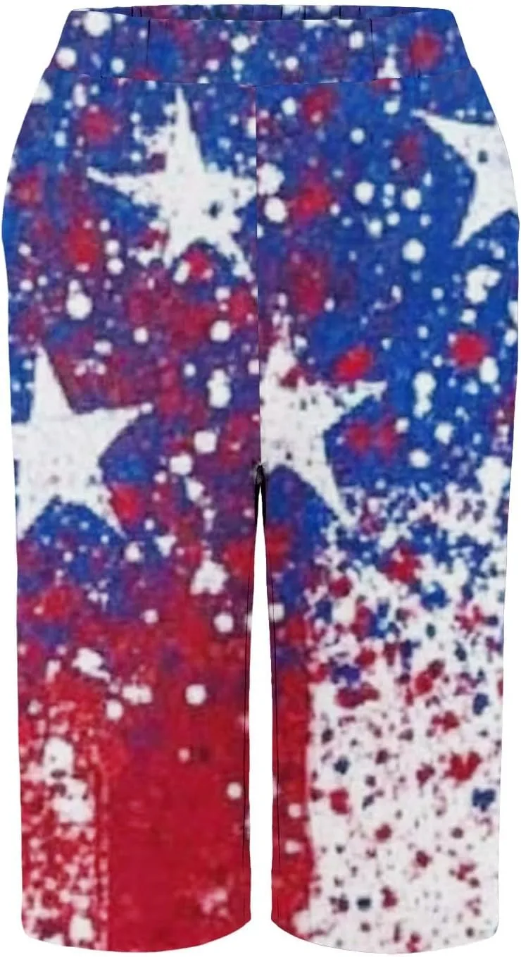 4th of July Bermuda Linen Shorts for Women Wide Leg Knee Length Long Shorts Summer Loose American Flag Printed Pants