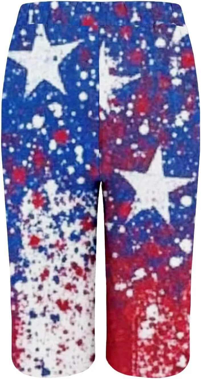 4th of July Bermuda Linen Shorts for Women Wide Leg Knee Length Long Shorts Summer Loose American Flag Printed Pants