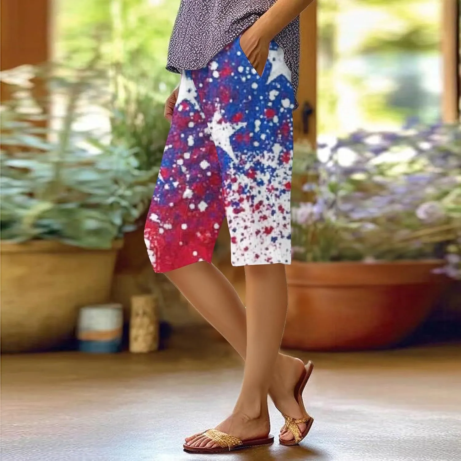 4th of July Bermuda Linen Shorts for Women Wide Leg Knee Length Long Shorts Summer Loose American Flag Printed Pants