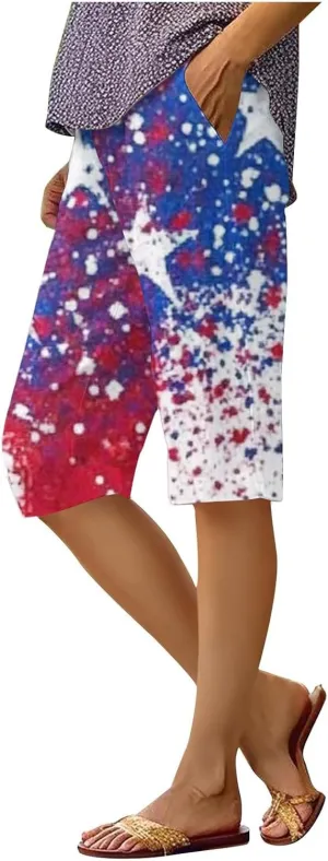 4th of July Bermuda Linen Shorts for Women Wide Leg Knee Length Long Shorts Summer Loose American Flag Printed Pants