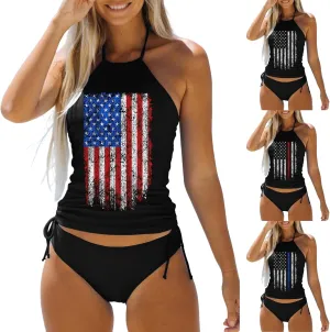 4th of July Swimsuits for Women,Womens Red White and Blue Swimsuit 2 Piece Drawstring Bikini Tank Top for Women