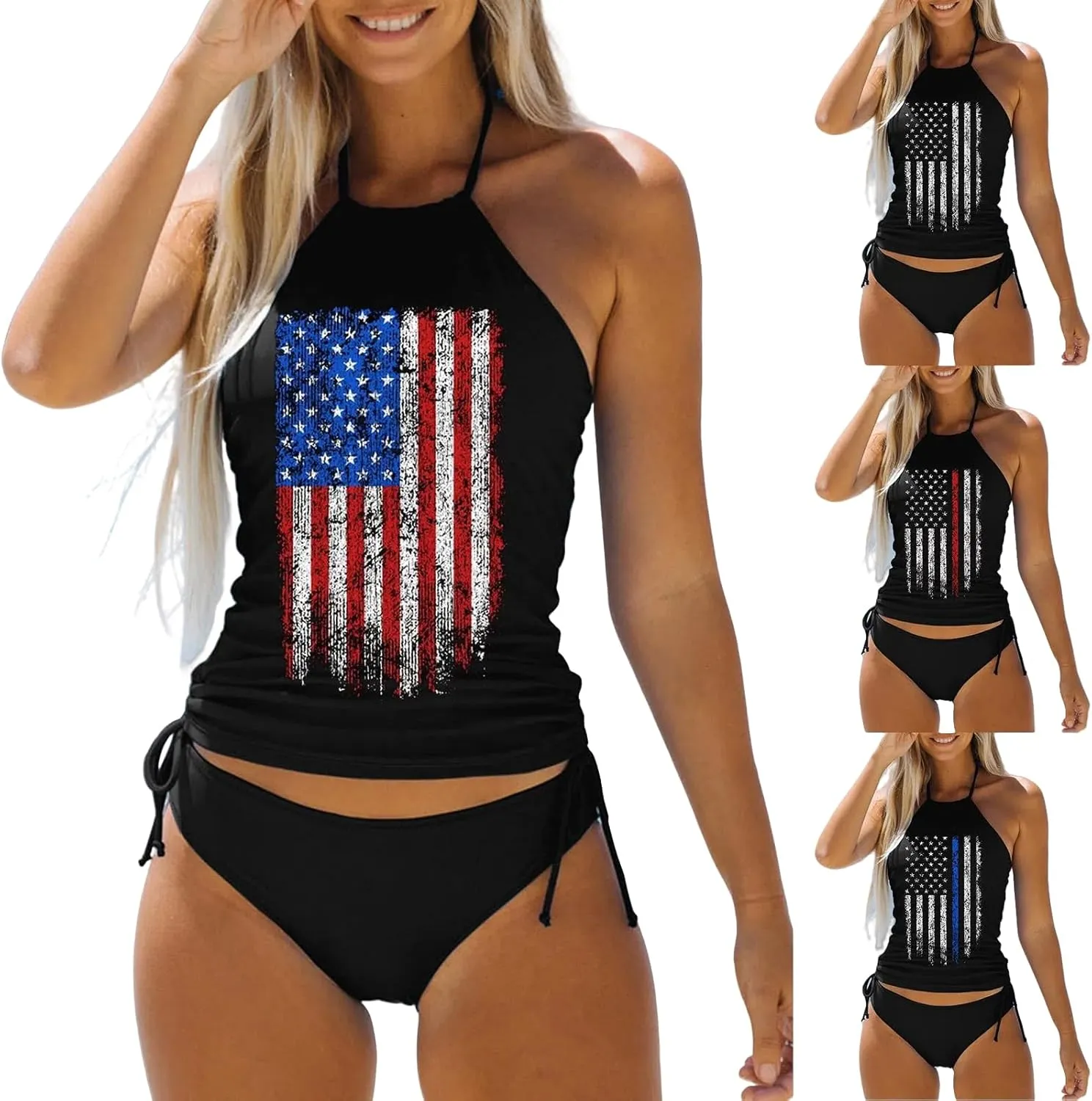 4th of July Swimsuits for Women,Womens Red White and Blue Swimsuit 2 Piece Drawstring Bikini Tank Top for Women