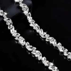 5 Yards Crystal Rhinestone Chain Trim, Rhinestone Glass Diamond Leaf Chain Applique for DIY Crafts, Sparkly Decorative Crystal Trim for Wedding Dress, Jewelry Making, Hat Band, Handbag Embellishment