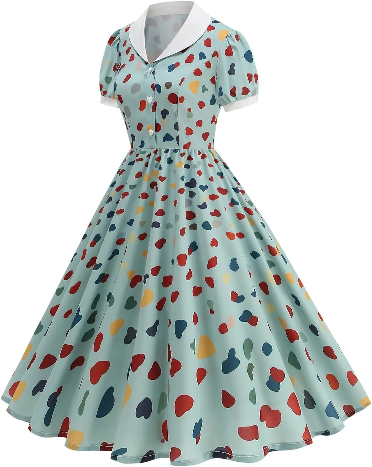50s Hepburn Dresses for Women Vintage Print Short Puff Sleeve Lapel Button Swing Cocktail Party Homecoming Prom Dress