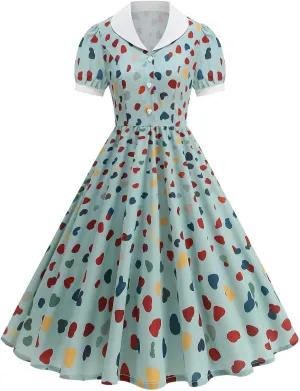 50s Hepburn Dresses for Women Vintage Print Short Puff Sleeve Lapel Button Swing Cocktail Party Homecoming Prom Dress