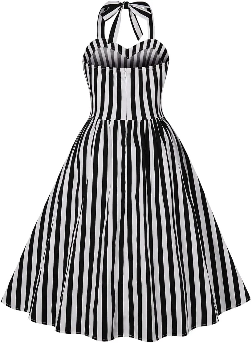 50s Plaid Halter Dresses for Women Vintage Pink Rockabilly Dresses 1950 Polka Dot Swing Dresses Pin Up Knee Length Dress