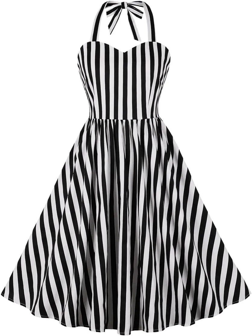 50s Plaid Halter Dresses for Women Vintage Pink Rockabilly Dresses 1950 Polka Dot Swing Dresses Pin Up Knee Length Dress
