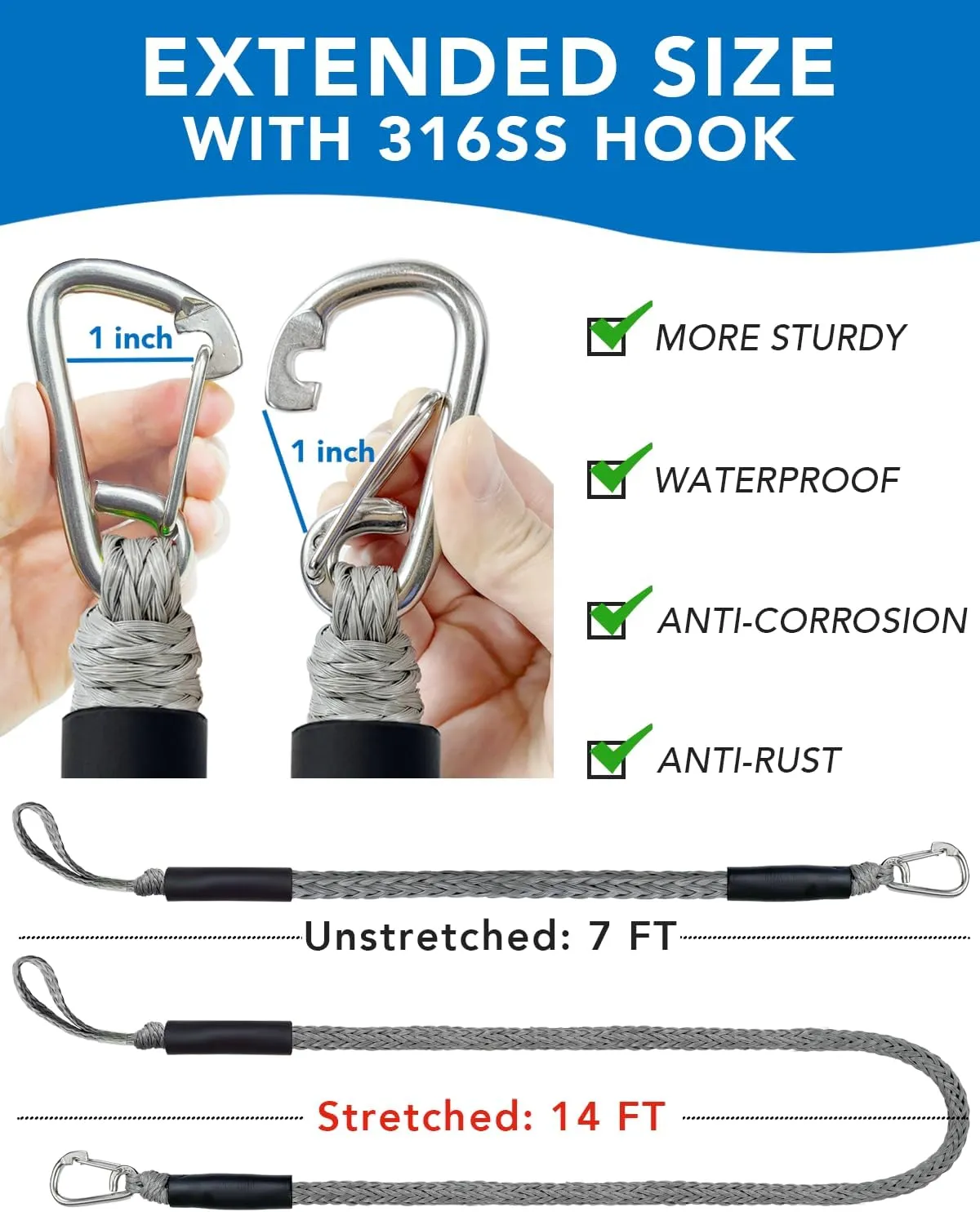 7FT Stretch to 14FT Boat Beach Anchor Rope Bungee Lines for Beach Anchor, PWC, Pontoon, Canoe,Jet Ski Or Seadoo, PWC Accessories, Shallow Water Anchor Pole 1-Pack (Grey)