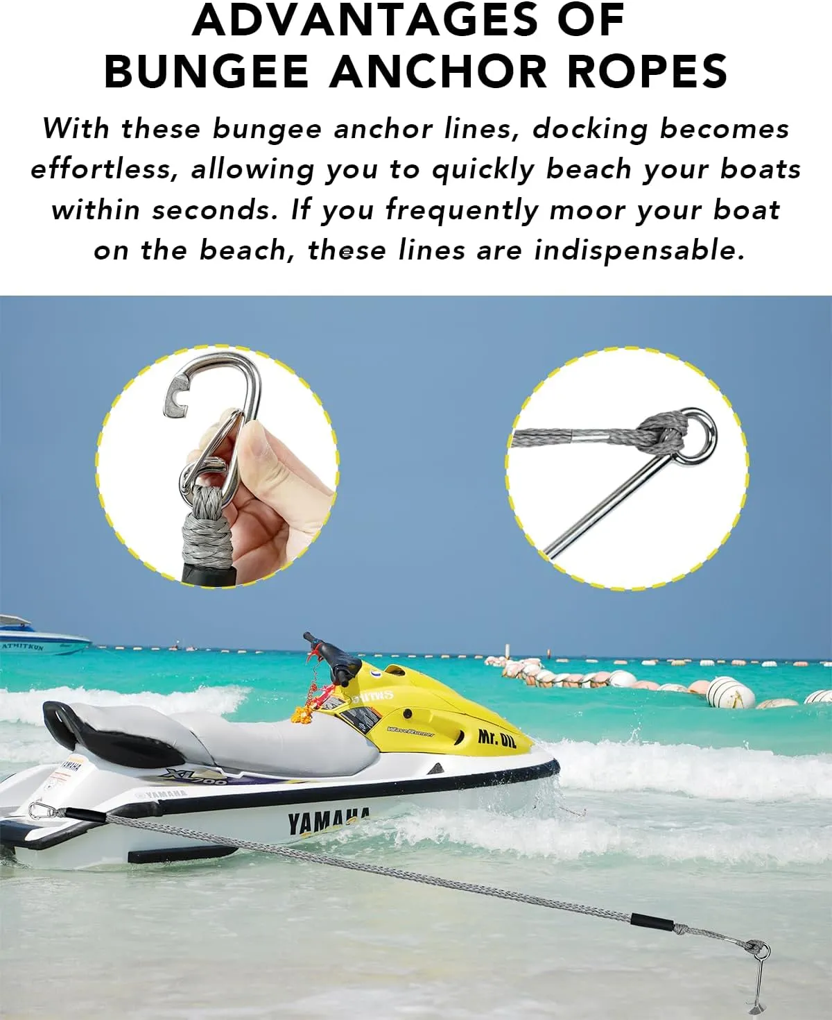 7FT Stretch to 14FT Boat Beach Anchor Rope Bungee Lines for Beach Anchor, PWC, Pontoon, Canoe,Jet Ski Or Seadoo, PWC Accessories, Shallow Water Anchor Pole 1-Pack (Grey)