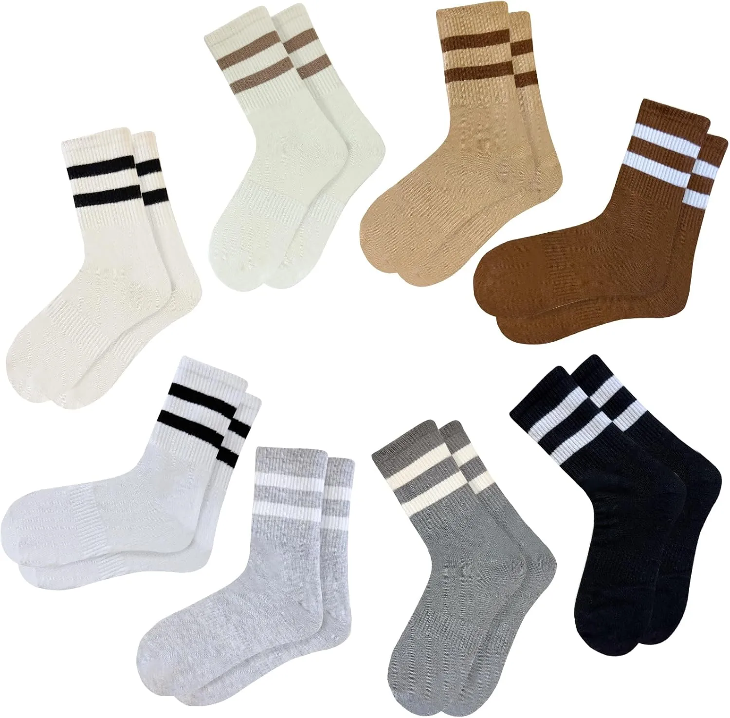 8 Pair Women's 2-Stripe Crew Socks Casual Athletic Socks for Women Girls