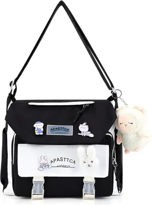 Aesthetic Messenger Bag with Stuffed Pendant and Pins Kawaii Crossbody Bag for Women nylon Messenger Bag Japanese Ita Bag Casual Shoulder Bag