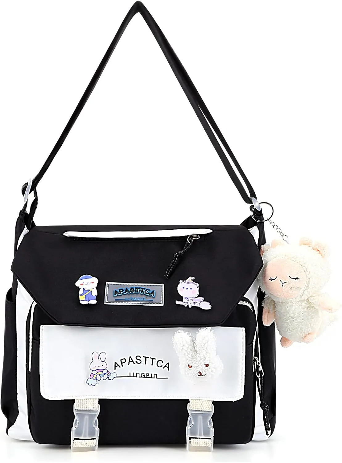 Aesthetic Messenger Bag with Stuffed Pendant and Pins Kawaii Crossbody Bag for Women nylon Messenger Bag Japanese Ita Bag Casual Shoulder Bag