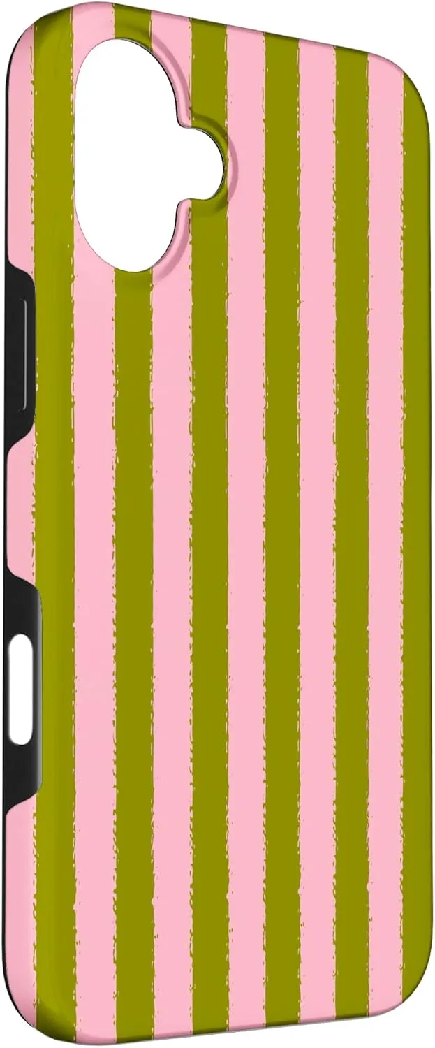 Aesthetic Pink Olive Green Striped Grunge Brush Stripe Case for iPhone 16 Plus