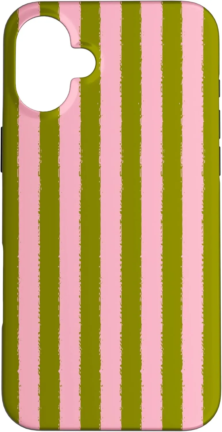 Aesthetic Pink Olive Green Striped Grunge Brush Stripe Case for iPhone 16 Plus