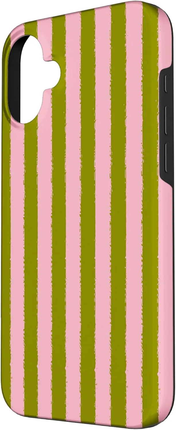 Aesthetic Pink Olive Green Striped Grunge Brush Stripe Case for iPhone 16 Plus