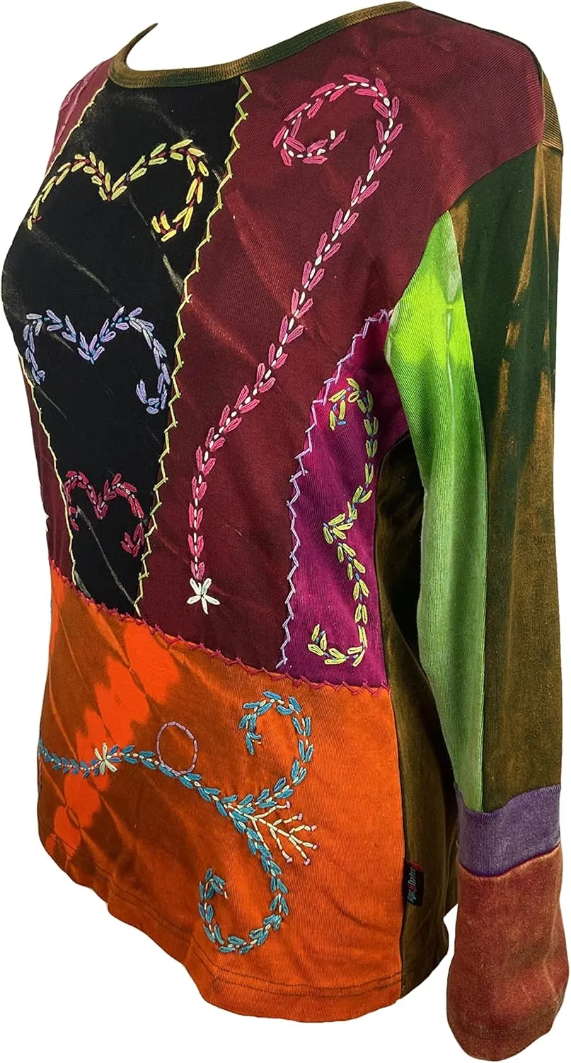 Agan Traders 2025 Spring Rib Knit Thick Cotton Gypsy Retro Bohemian Tops - Long Sleeve Hand Embroidered Blouses for Women