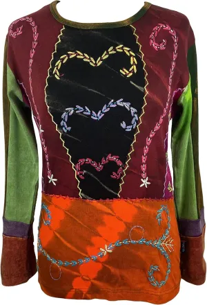 Agan Traders 2025 Spring Rib Knit Thick Cotton Gypsy Retro Bohemian Tops - Long Sleeve Hand Embroidered Blouses for Women
