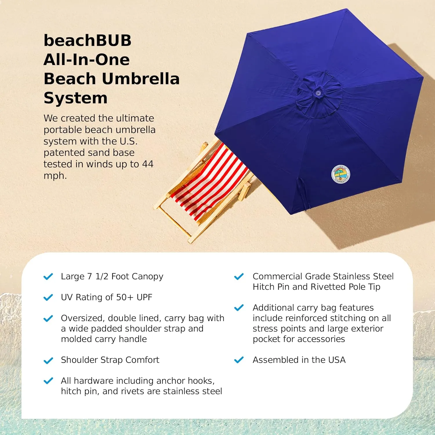 ALL-IN-ONE BEACH UMBRELLA SYSTEM. Includes ULTRA Base (compliant with the ASTM F3681-24 Beach Umbrella Safety Standard). (Deep Ocean Blue)