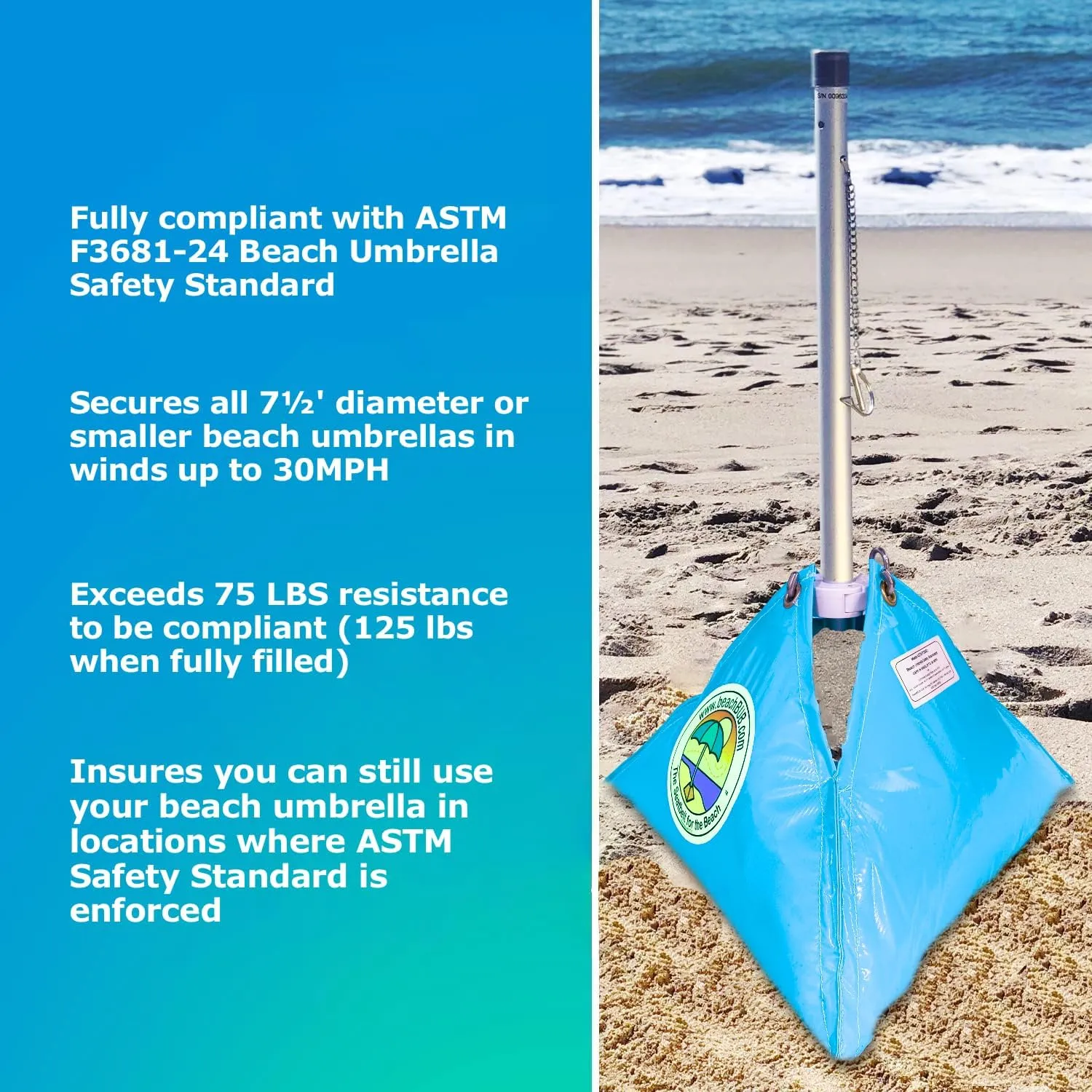 ALL-IN-ONE BEACH UMBRELLA SYSTEM. Includes ULTRA Base (compliant with the ASTM F3681-24 Beach Umbrella Safety Standard). (Deep Ocean Blue)