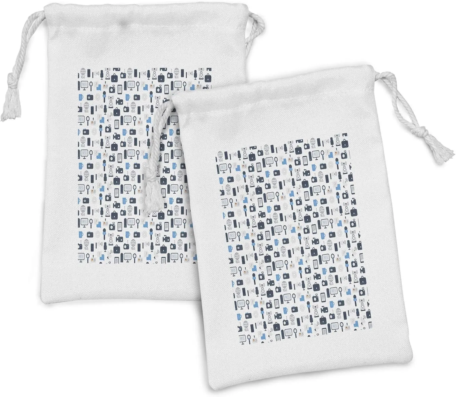 Ambesonne Blue and White Fabric Pouch Set of 2, Journalism Mass Media Communication Theme Press TV News, Small Drawstring Bag for Toiletries Masks and Favors, 9" x 6", Pale Blue Dark Blue