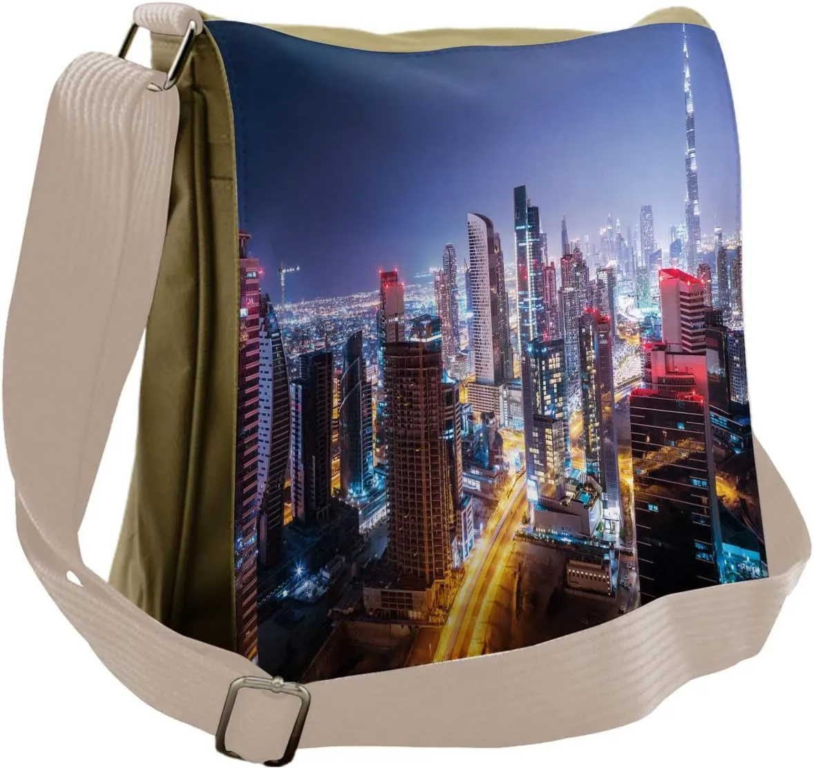 Ambesonne City Messenger Bag, Night Dubai Tourist Travel, Unisex Cross-body