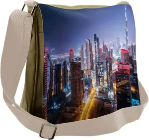 Ambesonne City Messenger Bag, Night Dubai Tourist Travel, Unisex Cross-body