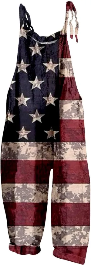 American Flag Rompers for Women 4th of July Patriotic Spaghetti Strap Star Stripe Loose Summer Jumpsuit with Pockets