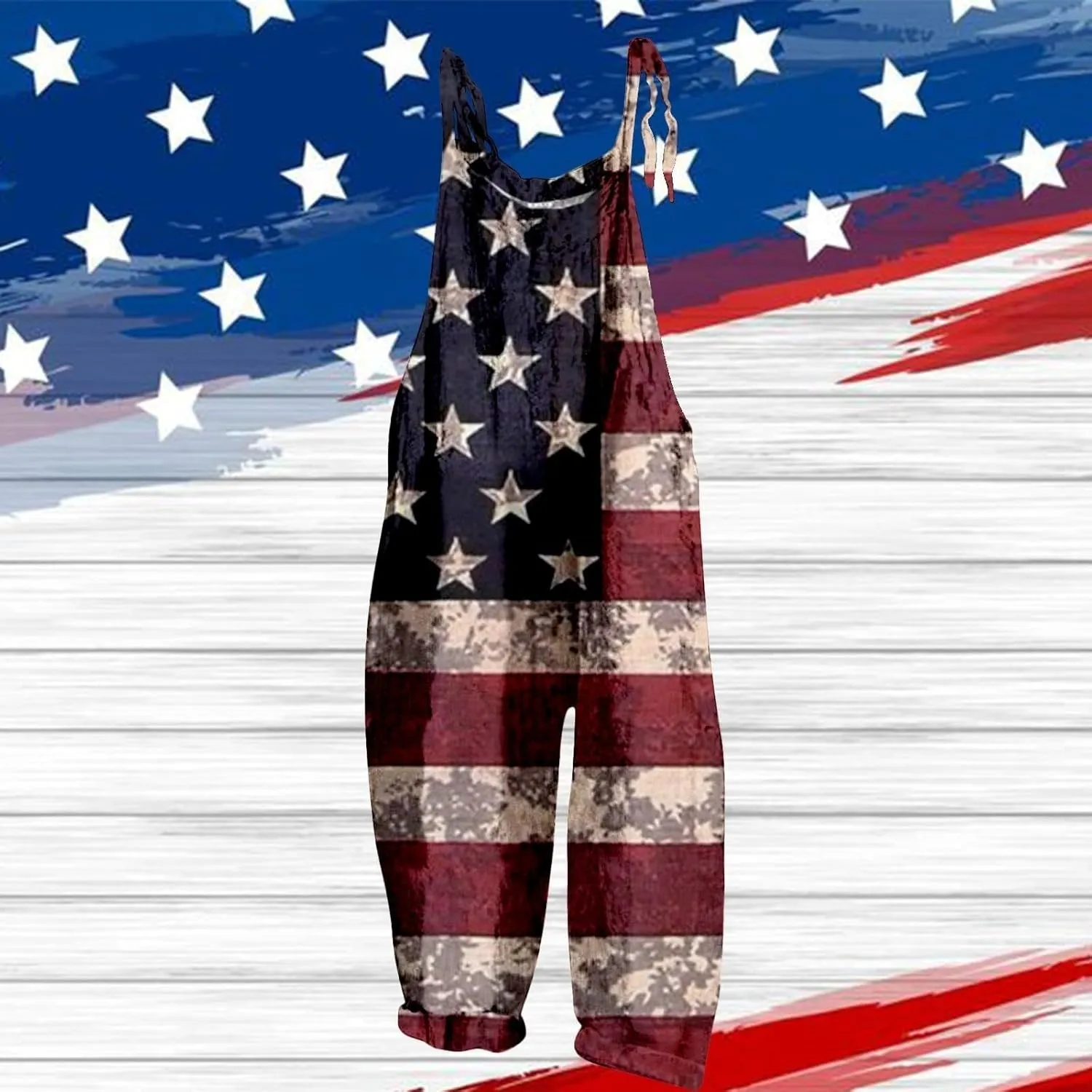 American Flag Rompers for Women 4th of July Patriotic Spaghetti Strap Star Stripe Loose Summer Jumpsuit with Pockets