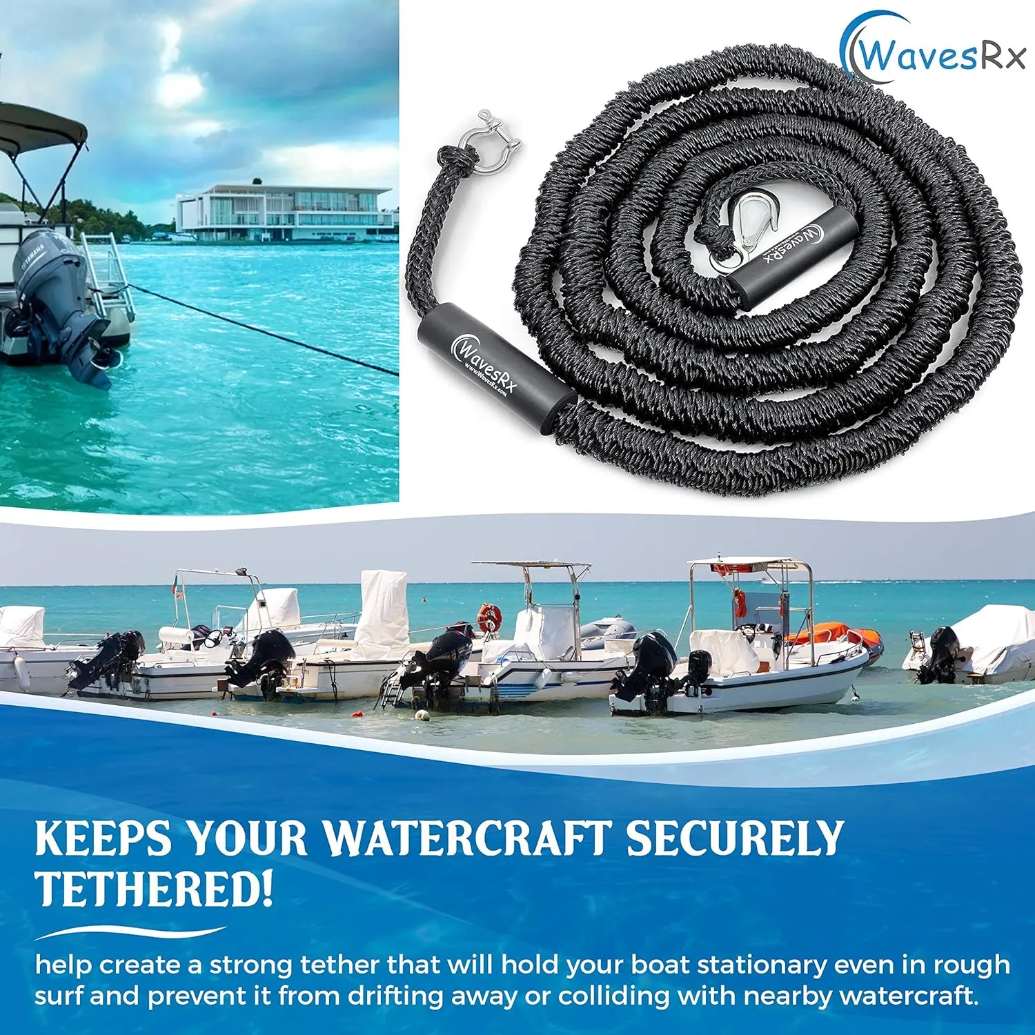 AnchorMate BowTether Bungee Line | Boat Bungee Dock Lines for Boats, PWCs & Kayaks | Absorbs Shock from Swells & Wind, Prevents Anchor Dislodging | Perfect for Anchoring, Mooring & Tethering