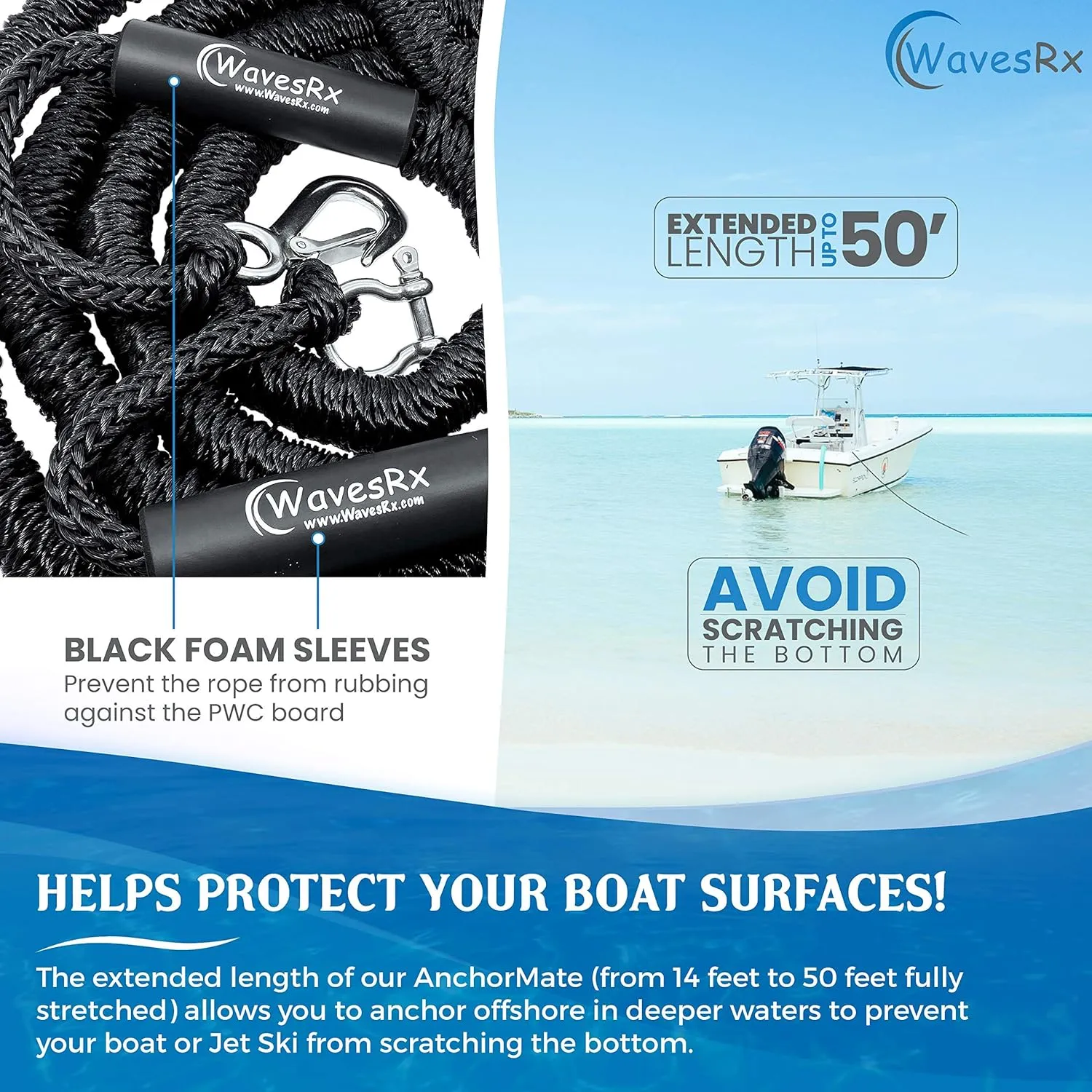 AnchorMate BowTether Bungee Line | Boat Bungee Dock Lines for Boats, PWCs & Kayaks | Absorbs Shock from Swells & Wind, Prevents Anchor Dislodging | Perfect for Anchoring, Mooring & Tethering