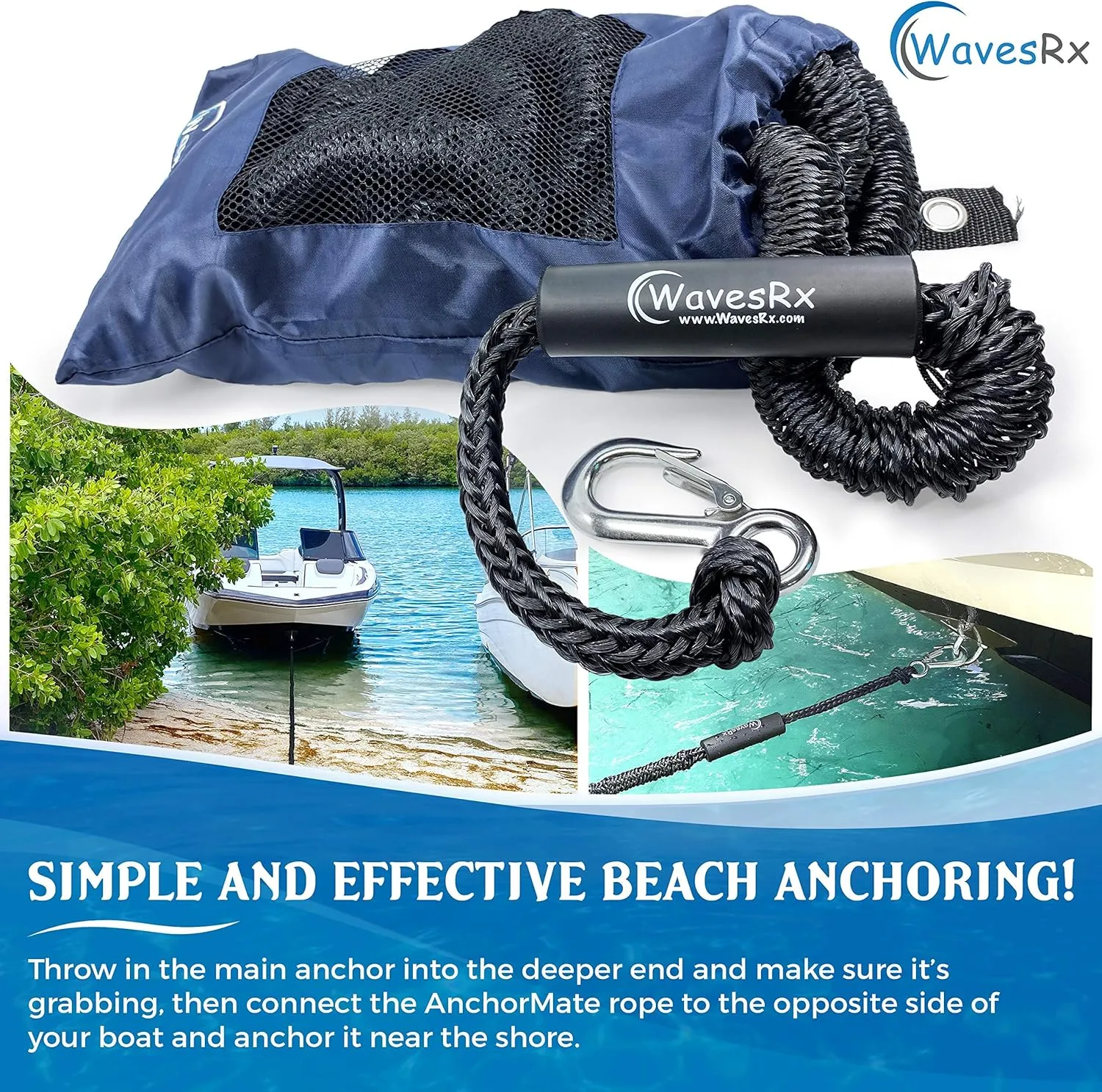 AnchorMate BowTether Bungee Line | Boat Bungee Dock Lines for Boats, PWCs & Kayaks | Absorbs Shock from Swells & Wind, Prevents Anchor Dislodging | Perfect for Anchoring, Mooring & Tethering